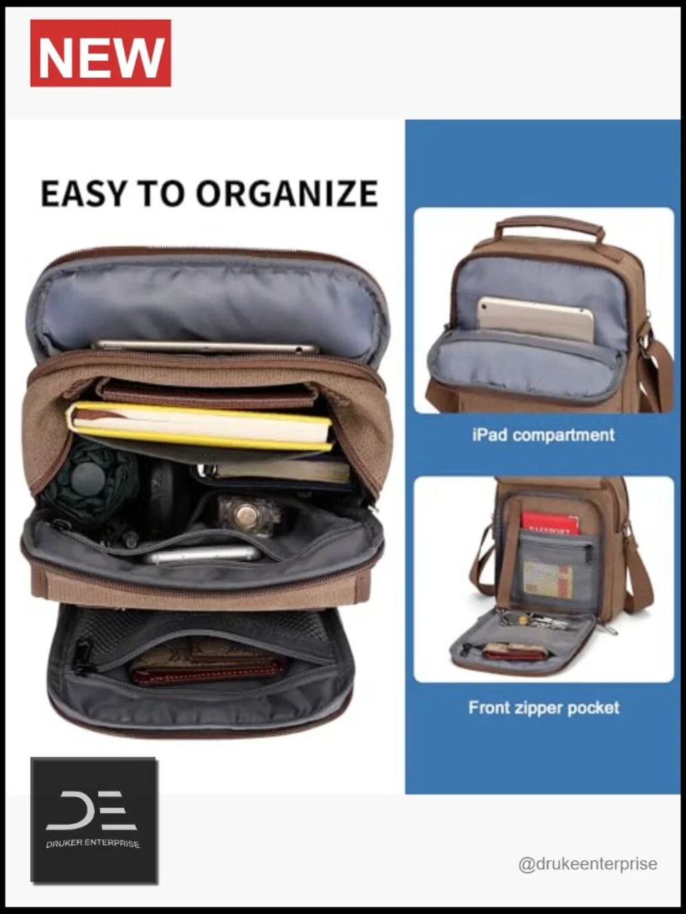 Canvas Crossbody Messenger Bag for Men Work Travel Multi-Pocket Satchel